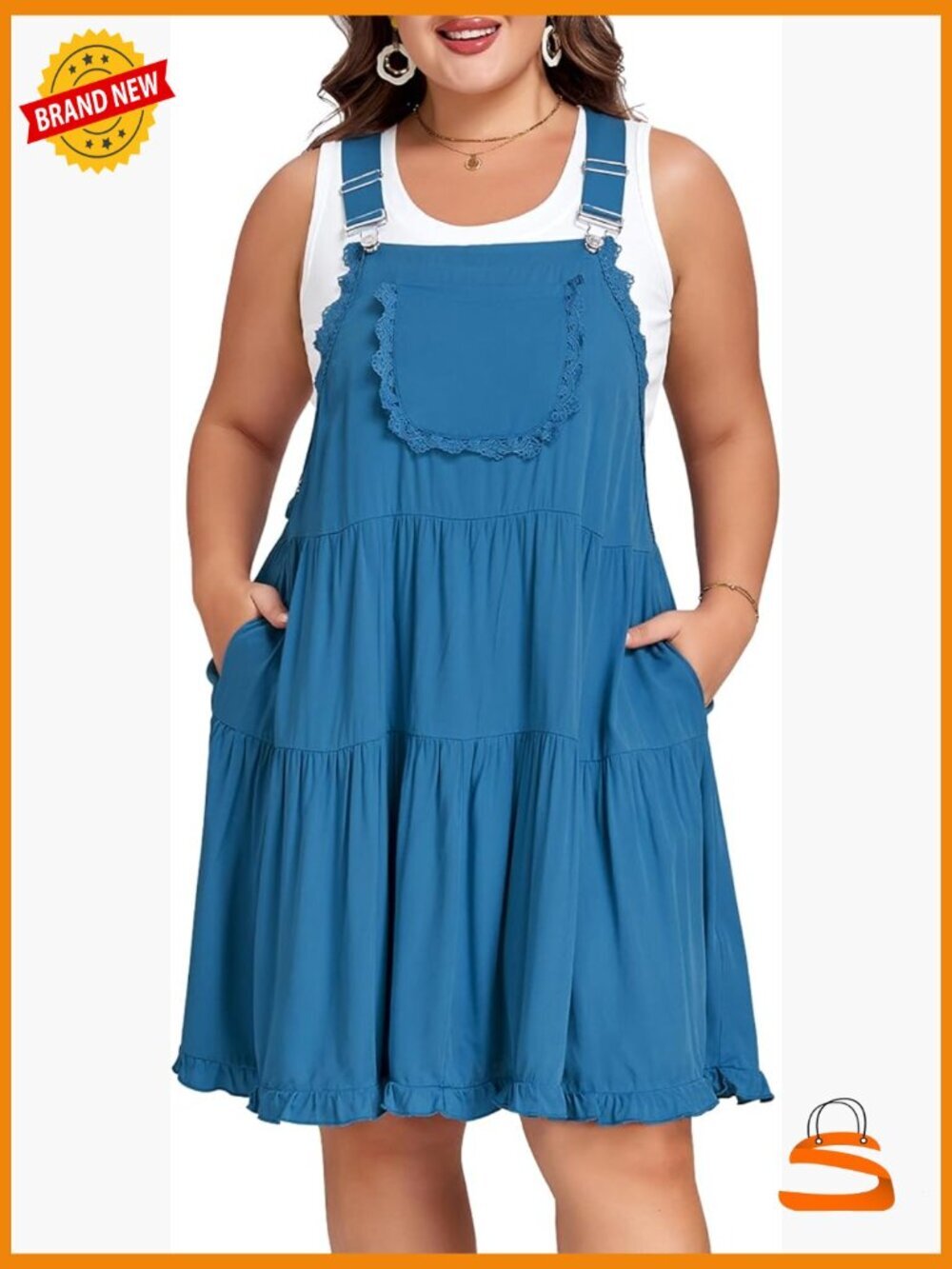 Plus Size Overall Dress Adjustable Straps Lace Trim Tiered Mini Dress with - Picture 1 of 6